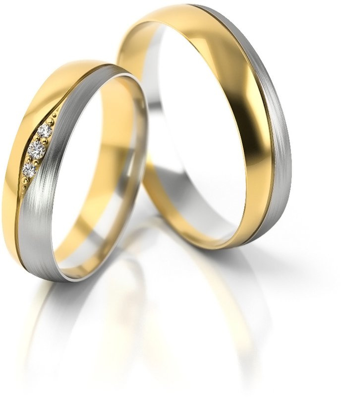 Obrączki ślubne półokrągłe z delikatną falą i diamentami 4,5mm dwukolorowe z żółtego i białego złota próba 585