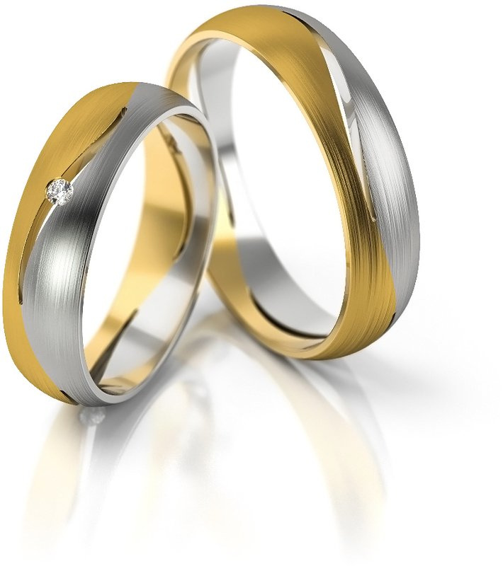 Obrączki ślubne półokrągłe z falami i diamentem 5mm dwukolorowe z żółtego i białego złota próba 585